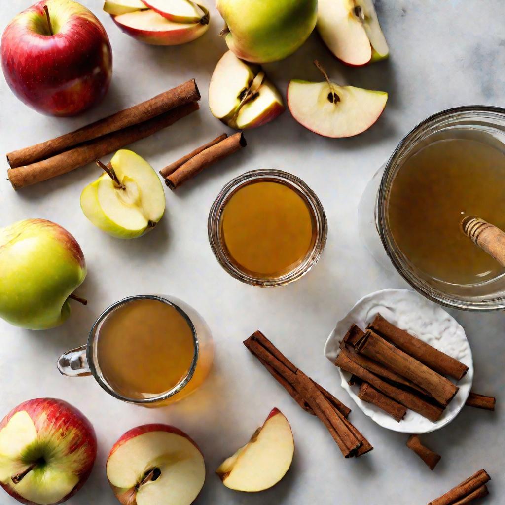 Вид сверху на кухонную стойку с ингредиентами для напитков с яблочным уксусом. Там лежат нарезанные яблоки, лимоны, палочки корицы, корень имбиря и мед, расположенные вокруг графина с яблочным уксусом.