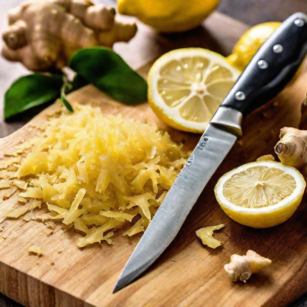 Тертый имбирь на разделочной доске рядом с ножом и ломтиком лимона.