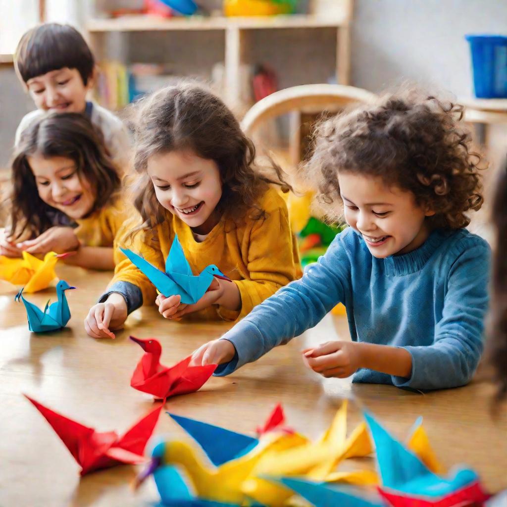 Группа улыбающихся детей складывают из цветной бумаги птиц оригами на полу веселого детского сада в ясное зимнее утро