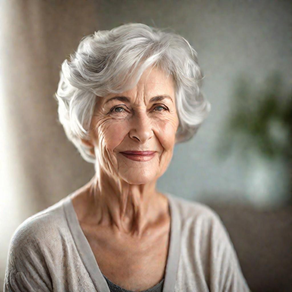 Портрет элегантной пожилой женщины с короткой прической с мягкими серебристыми волнами.