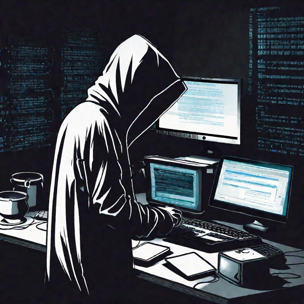 Хакер в темной комнате пытается взломать базу данных, тщетно, так как пароль слишком надежный