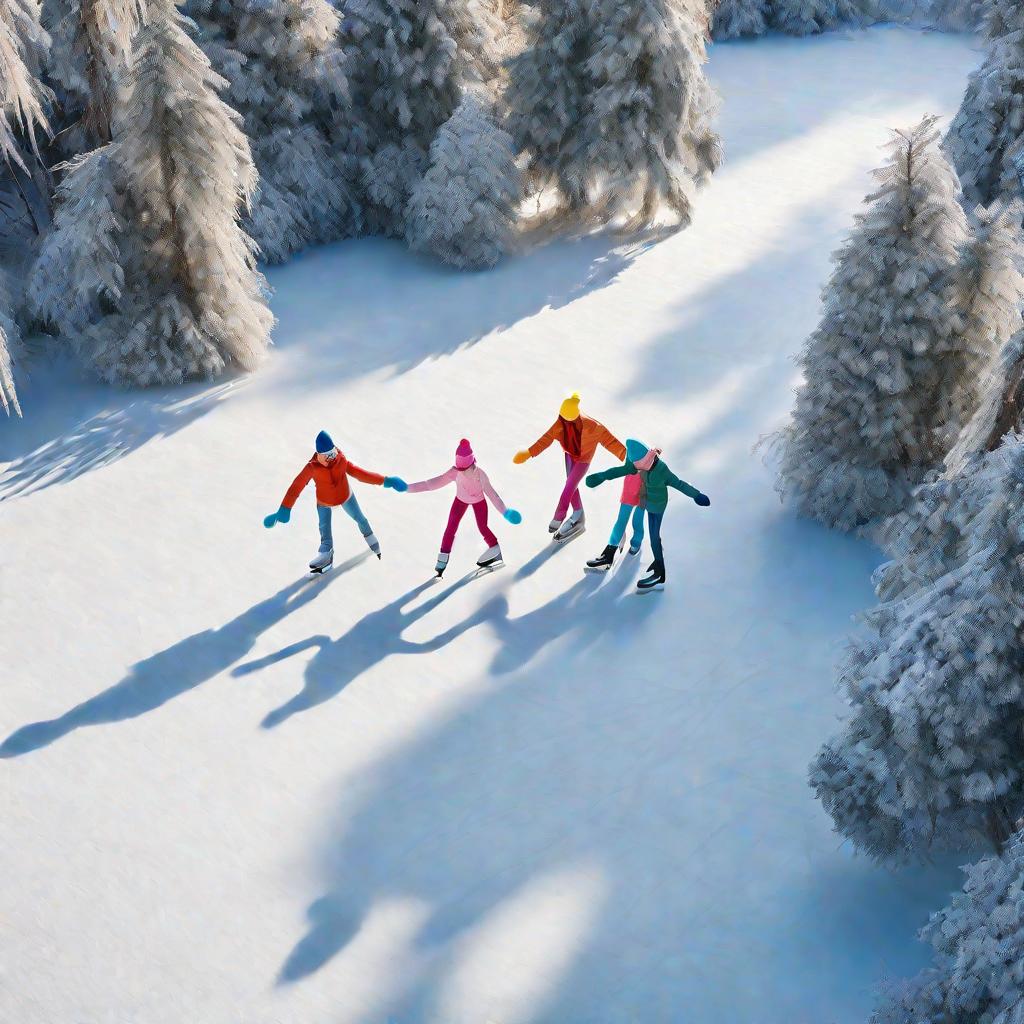 Трое детей катаются на коньках по замерзшему пруду в зимнем лесу