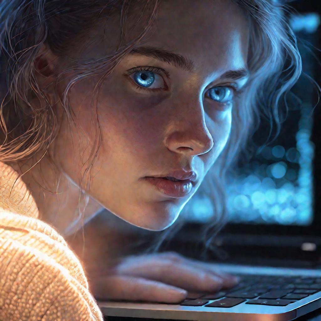Девушка смотрит в ноутбук