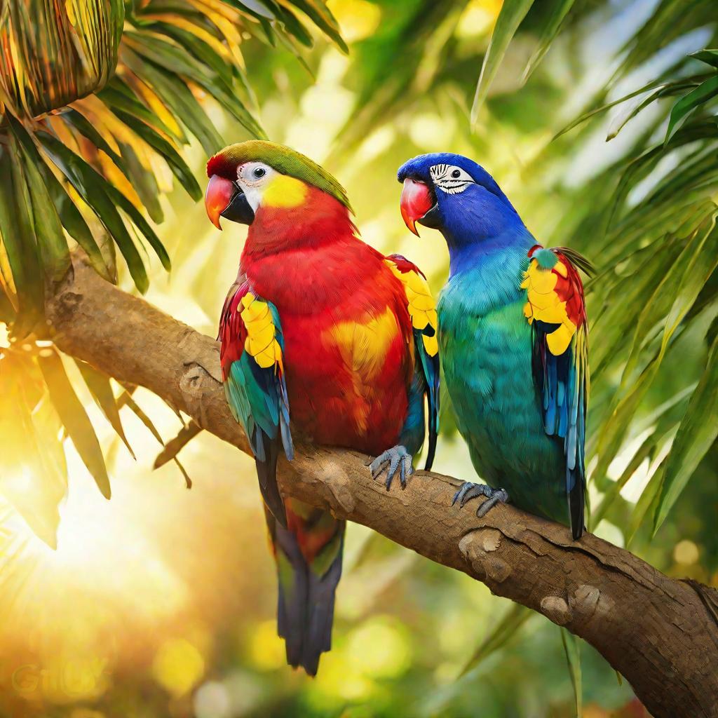 Два ярких попугая сидят на ветке.