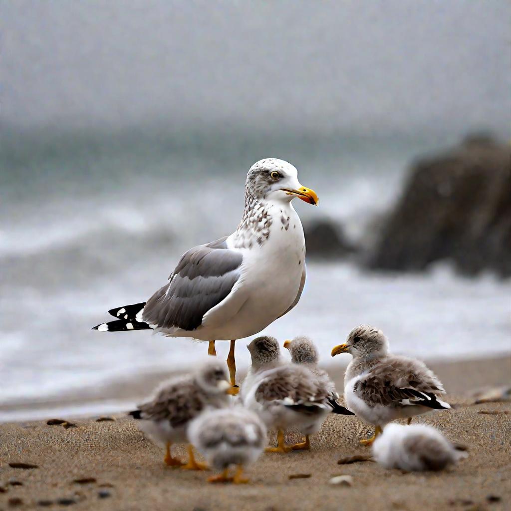 Чайки на берегу моря, родители кормят птенцов.