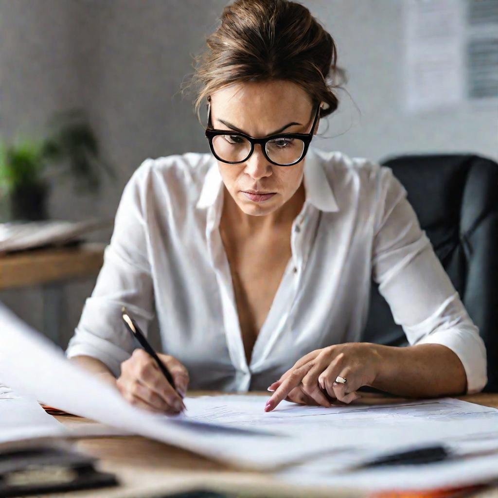 Крупным планом портрет женщины в очках, просматривающей бумаги на своем офисном столе