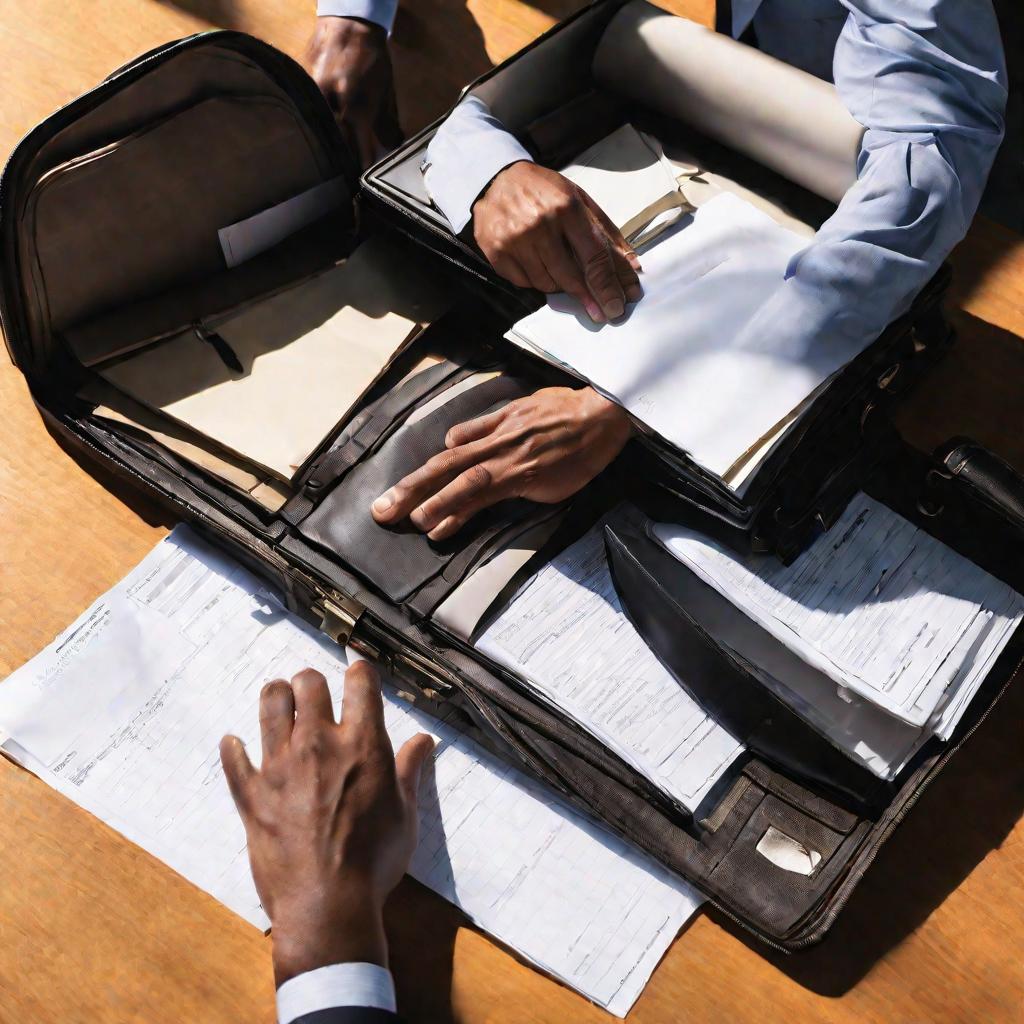Вид сверху на открытый портфель на столе, содержащий папки, документы и калькулятор