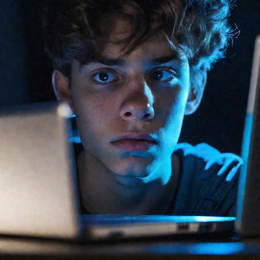 Ученик сосредоточенно смотрит на экран ноутбука