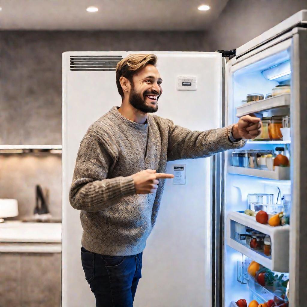 Мужчина указывает на класс энергоэффективности холодильника