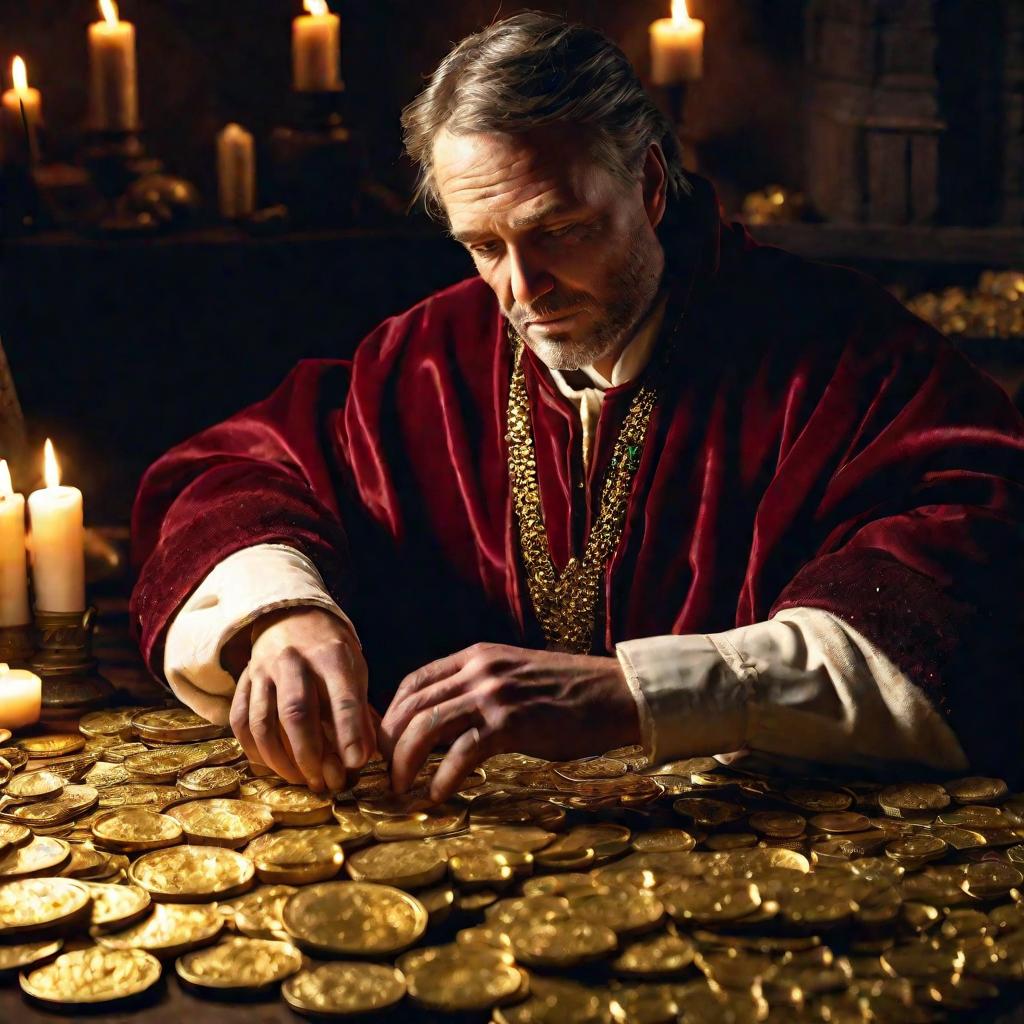 Средневековый купец считает монеты