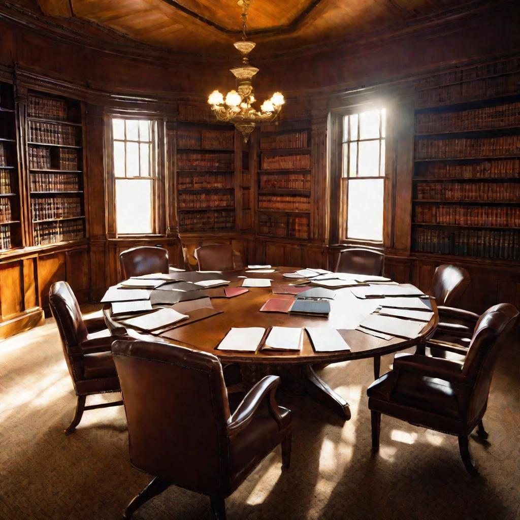 Вид сверху на деревянный конференц-стол с открытыми юридическими книгами и стопками бумаг на нем. Два пустых кожаных кресла сдвинуты по обе стороны.