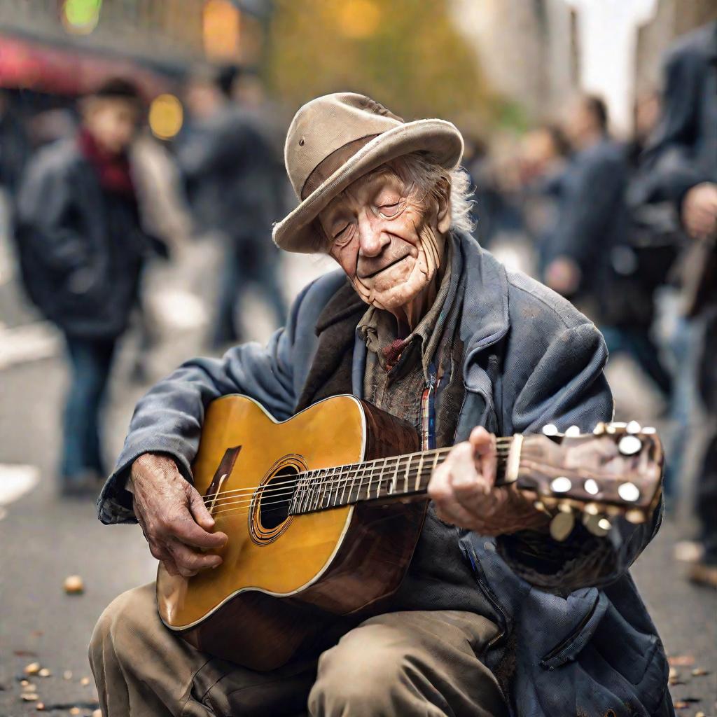 Портрет пожилого уличного музыканта, играющего на гитаре с закрытыми глазами осенью, в футляре от гитары видны монетки и купюры от прохожих.