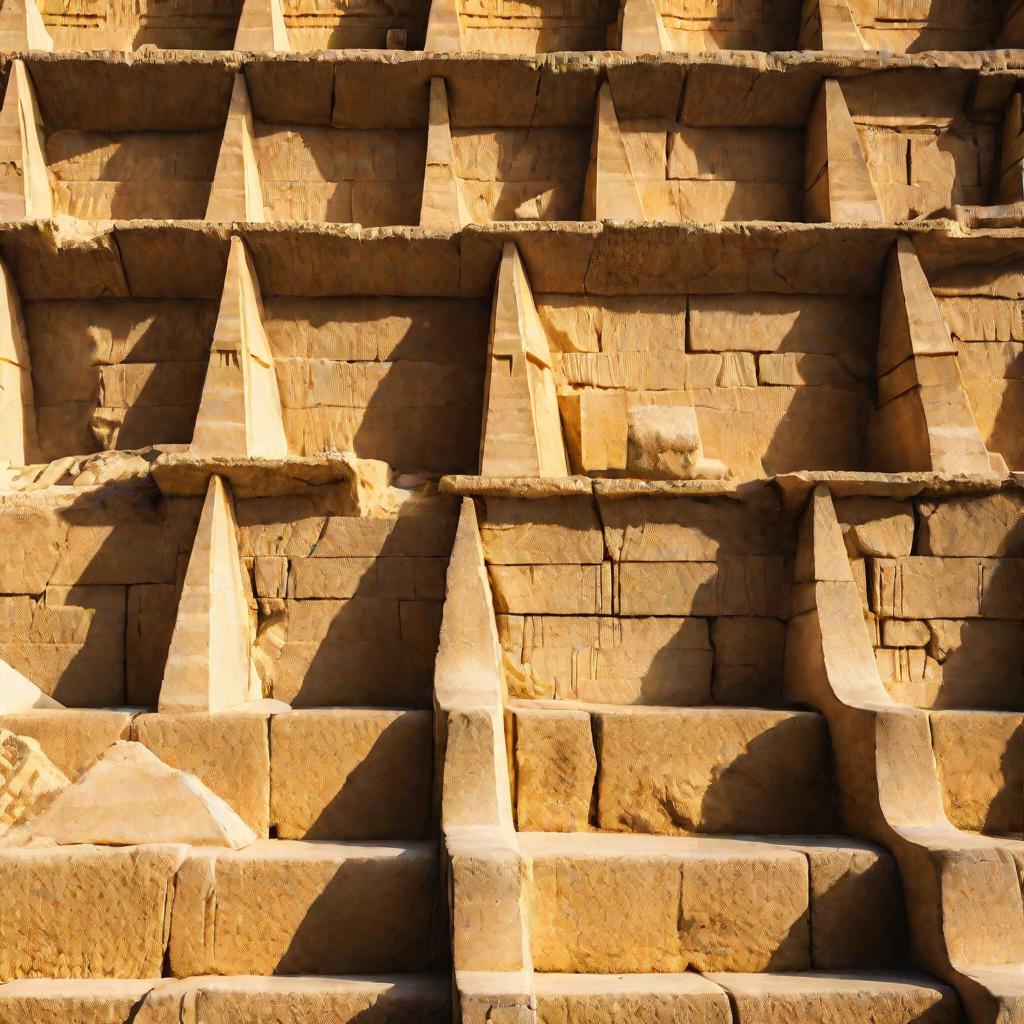 Крупный план известняковых блоков пирамиды Хеопса при боковом драматическом освещении теплым солнечным светом. Аккуратно обработанные и идеально подогнанные блоки отбрасывают четкие тени, демонстрируя невероятную архитектурную детализацию и инженерную точ