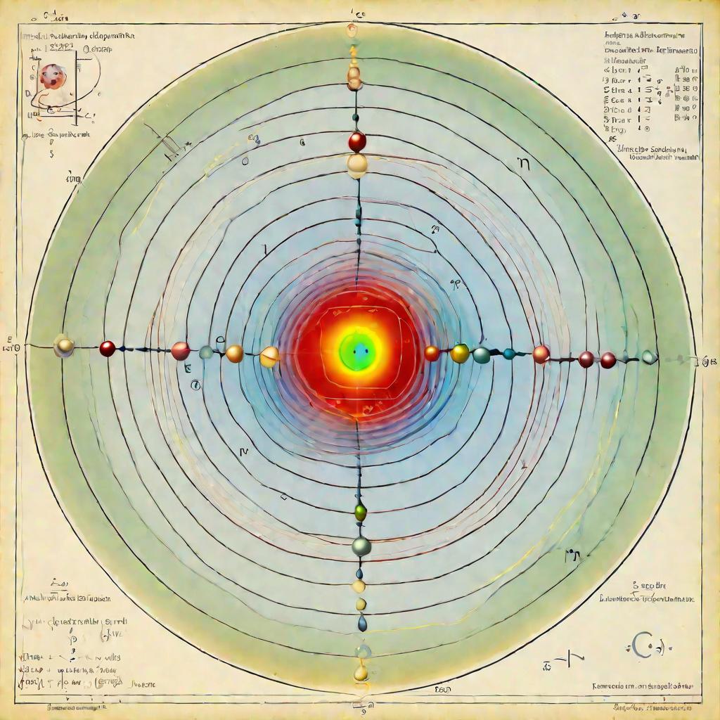Модель атома с орбитами, изображенными как концентрические прозрачные сферы вокруг ядра. Орбиты имеют четкие радиусы в соответствии с главным квантовым числом n. Каждая орбита соответствует дискретному энергетическому уровню электрона. Изображение испуска