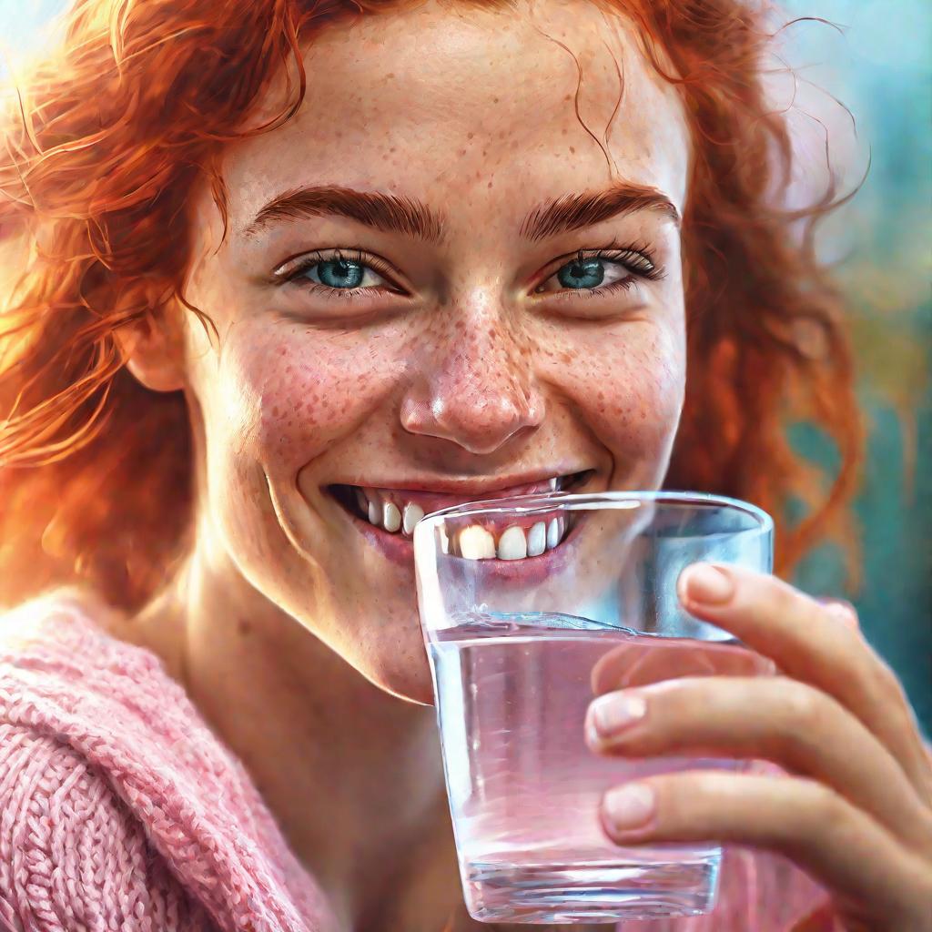 Портрет улыбающейся женщины, пьющей воду