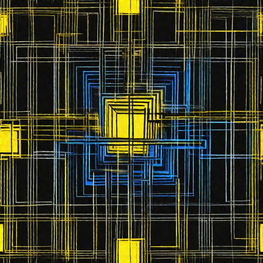 Идеально нарисованный квадрат, светящийся одной стороной желтым, а другой синим светом на темном фоне, как будто отражая или излучая эти цвета в темной комнате. Вызывает ощущение загадочности и математической красоты.