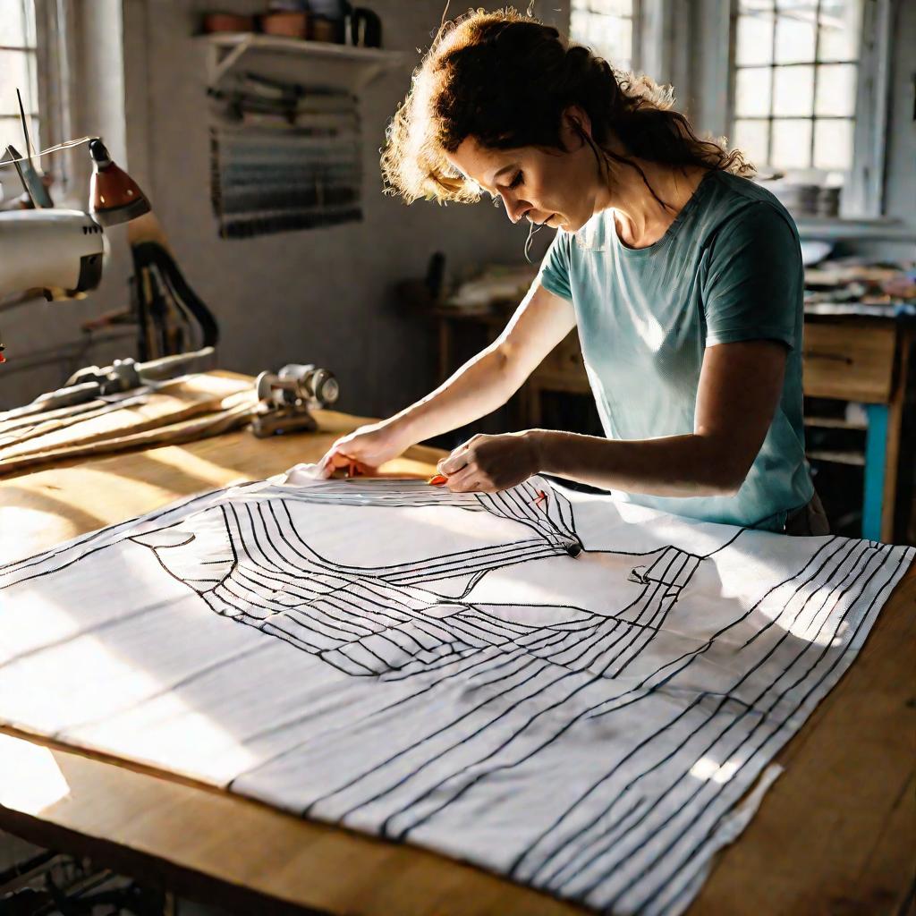 Женщина тщательно измеряет размеры детали выкройки футболки поверх растянутой ткани, готовясь вырезать ее
