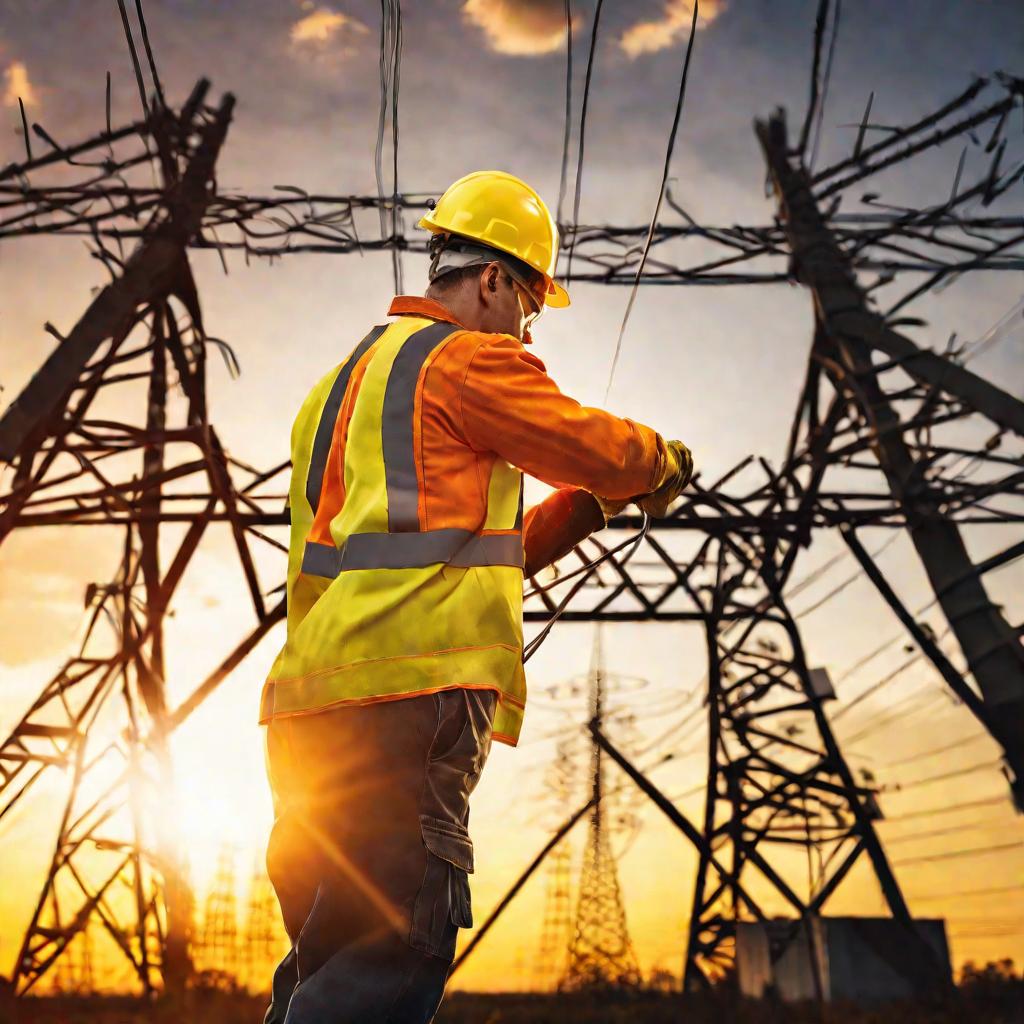 Портрет на крупном плане рабочего-электрика в каске, проверяющего высоковольтное соединение на опоре ЛЭП во время заката.