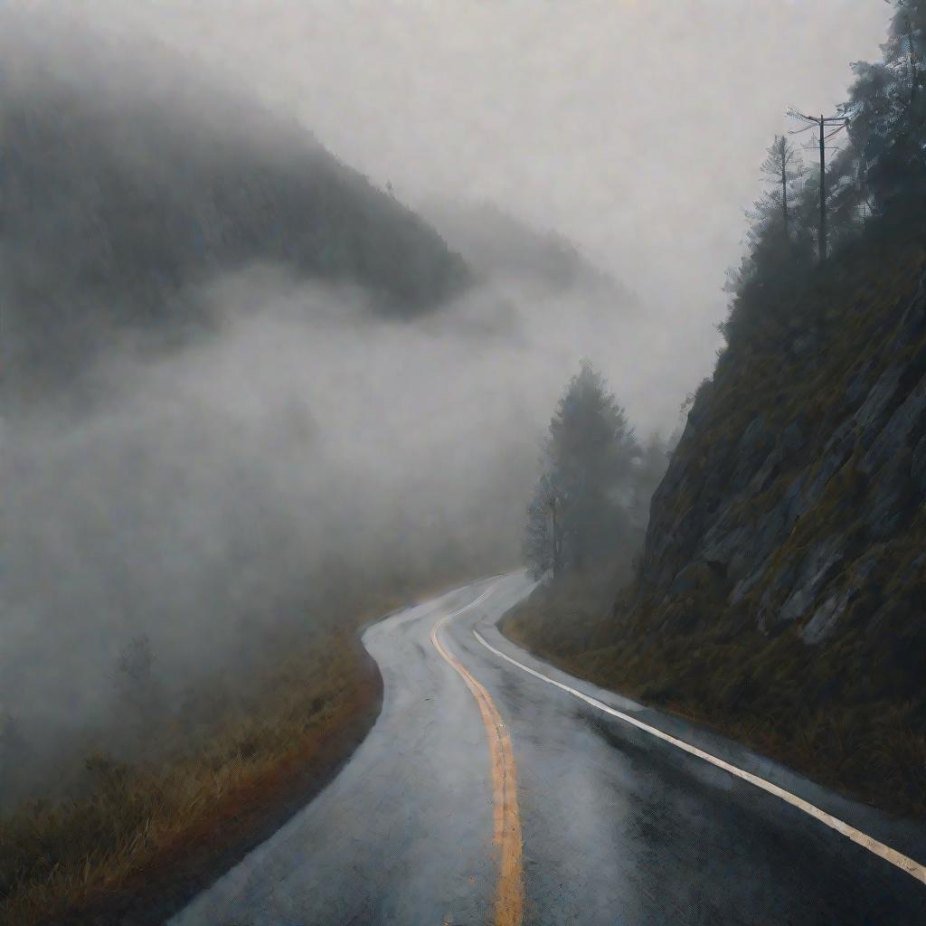 Широкий вид дороги в горах в туманное утро