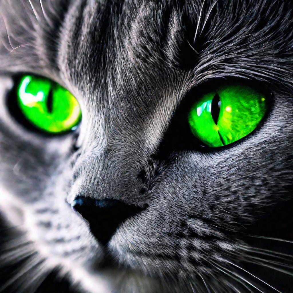 Крупный план снизу на британскую короткошерстную кошку с ярко-зелеными глазами