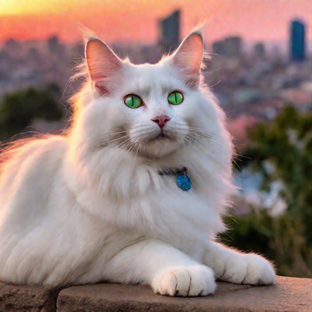 Белая турецкая ангорская кошка на фоне заката
