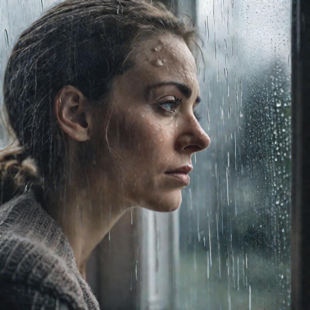 Женщина смотрит в окно под дождем