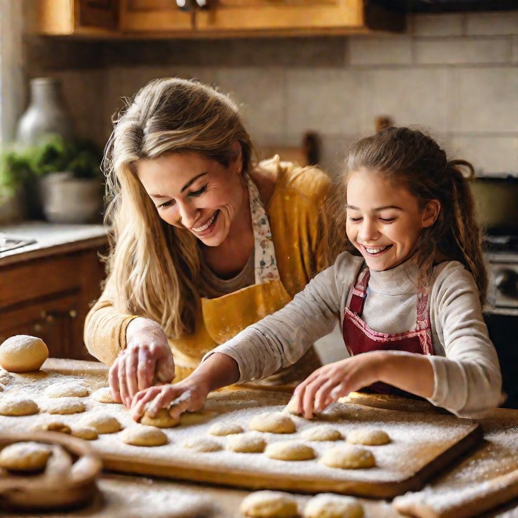 Мама и дочка вместе пекут печенье на снежный зимний день