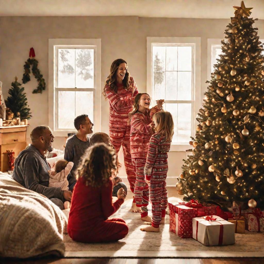 Семья собралась возле нарядной елки на Рождественское утро