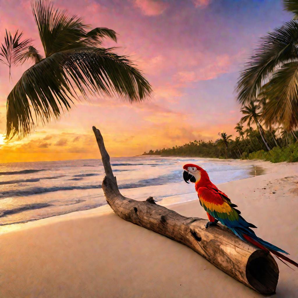 Попугай на пляже на закате