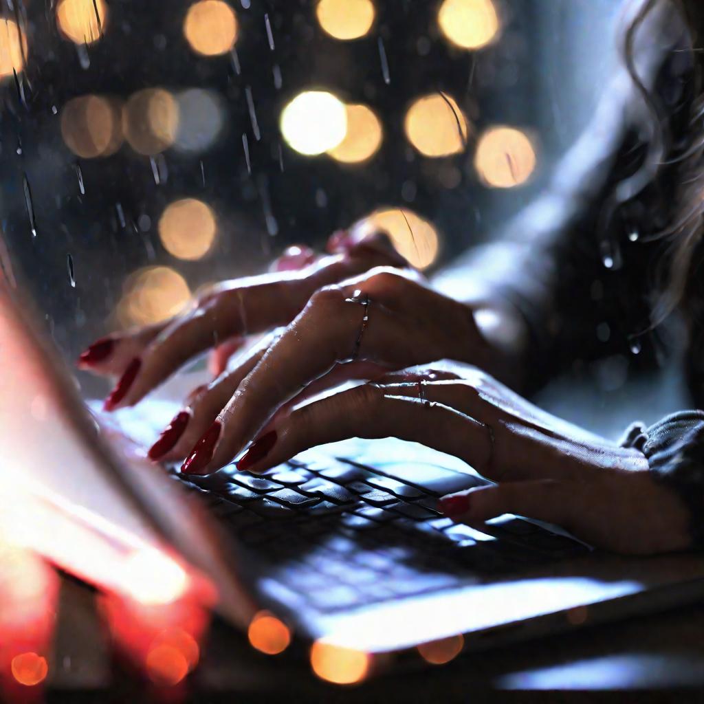 Женские руки печатают на клавиатуре ноутбука в ночном городе