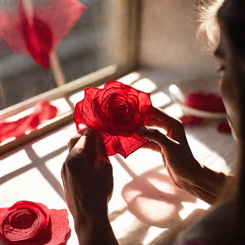 Женские руки аккуратно складывают из красной бумаги розу.