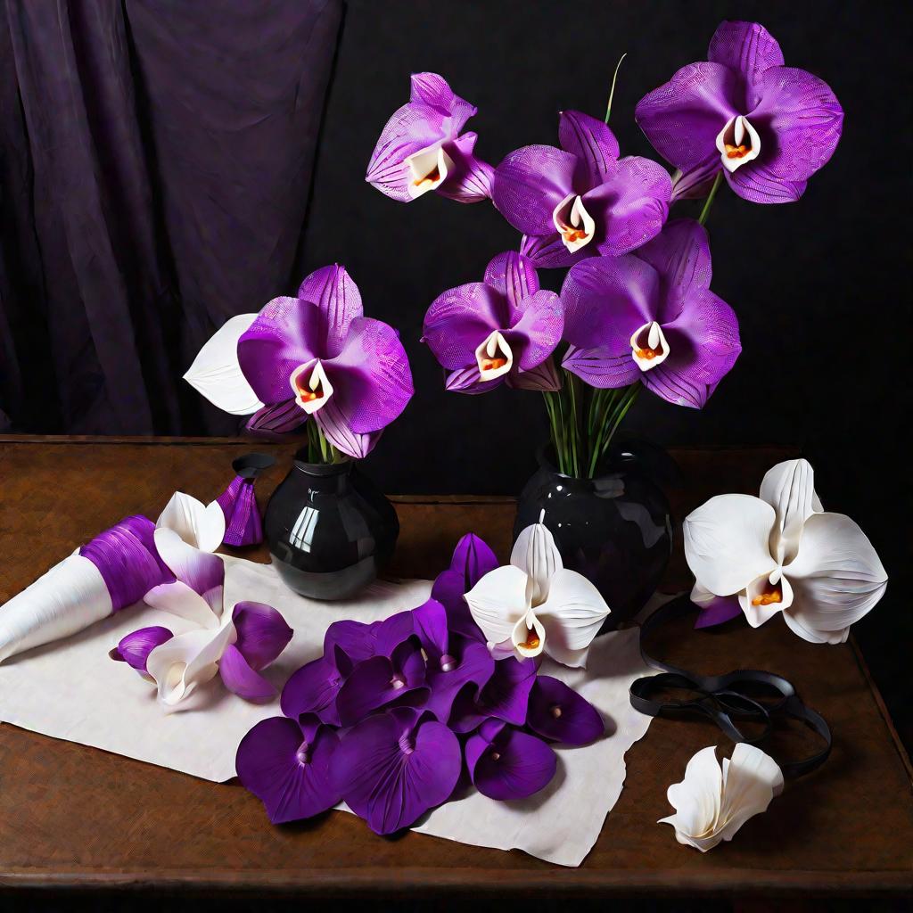 На столе букет из бумажных орхидей и калл на черном фоне.