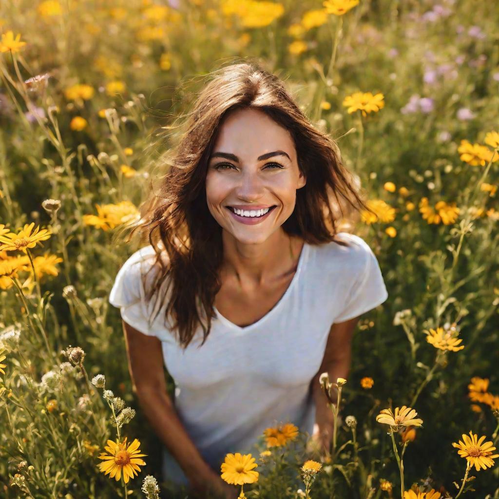 Женщина с идеальной кожей улыбается на фоне цветущего луга в солнечный весенний день.