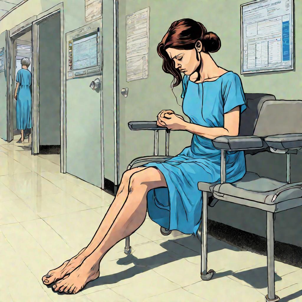 Женщина в медицинском кабинете смотрит на пораженные грибком ногти на ногах