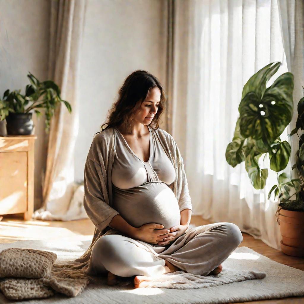 Беременная женщина тренирует дыхание дома, сидя на мягком одеяле