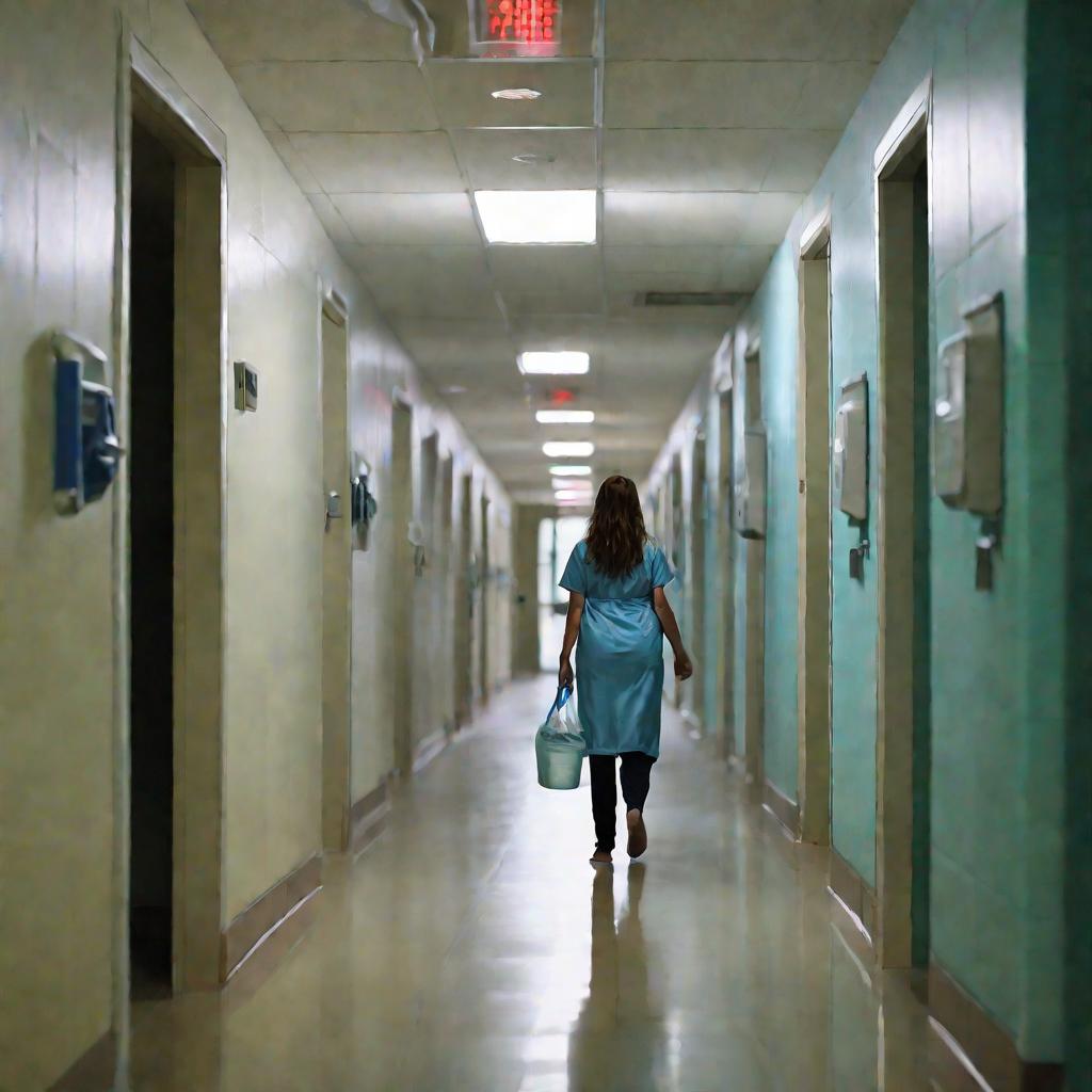 Женщина в родильном отделении во время схваток двигается по коридору, тяжело дыша