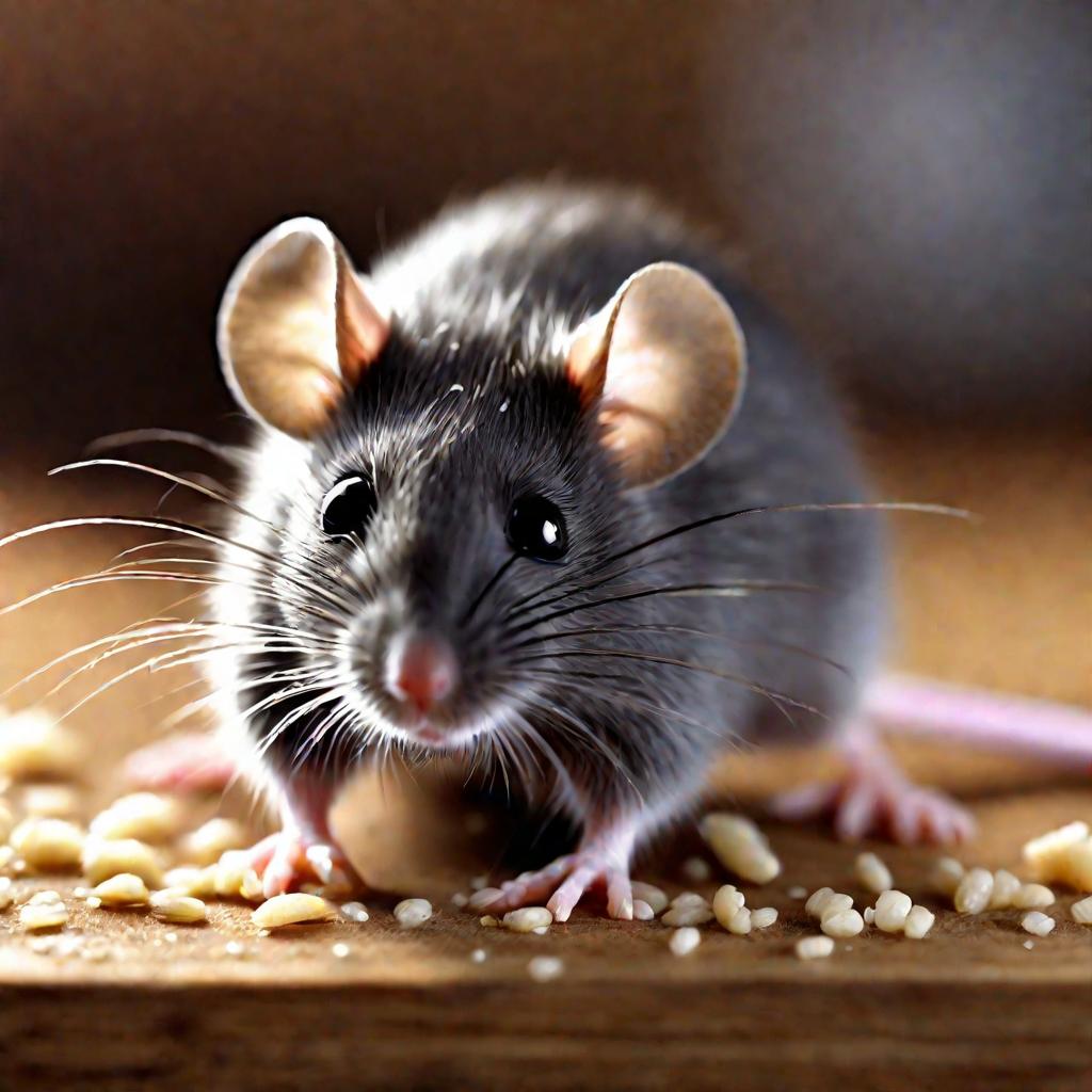 Крупным планом мышь стоит на столе, усыпанном рисом