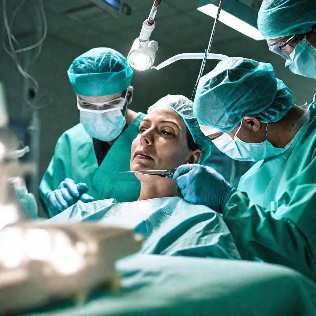 Крупный план рук хирурга в перчатках, делающего разрез на шее пациента во время операции на щитовидной железе.