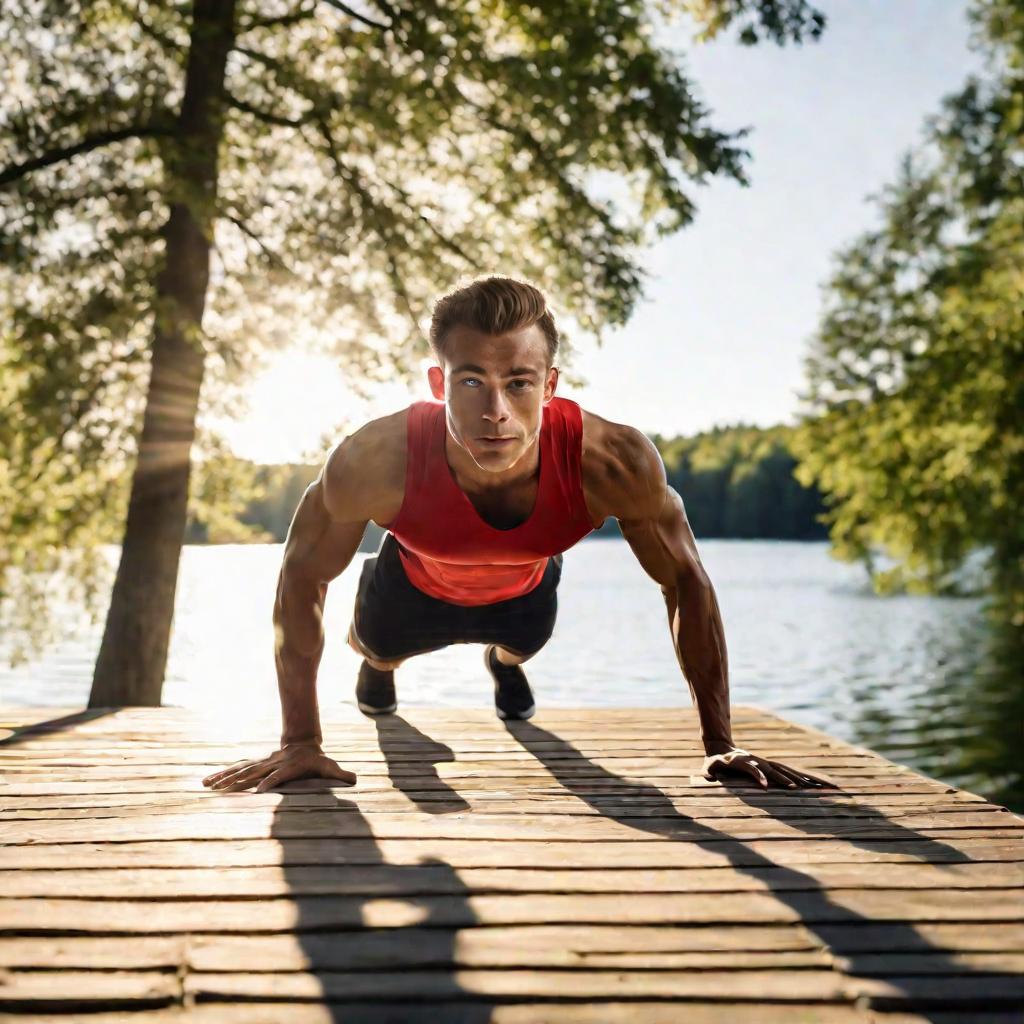 Молодой спортивный мужчина делает отжимания на причале у озера в солнечное летнее утро