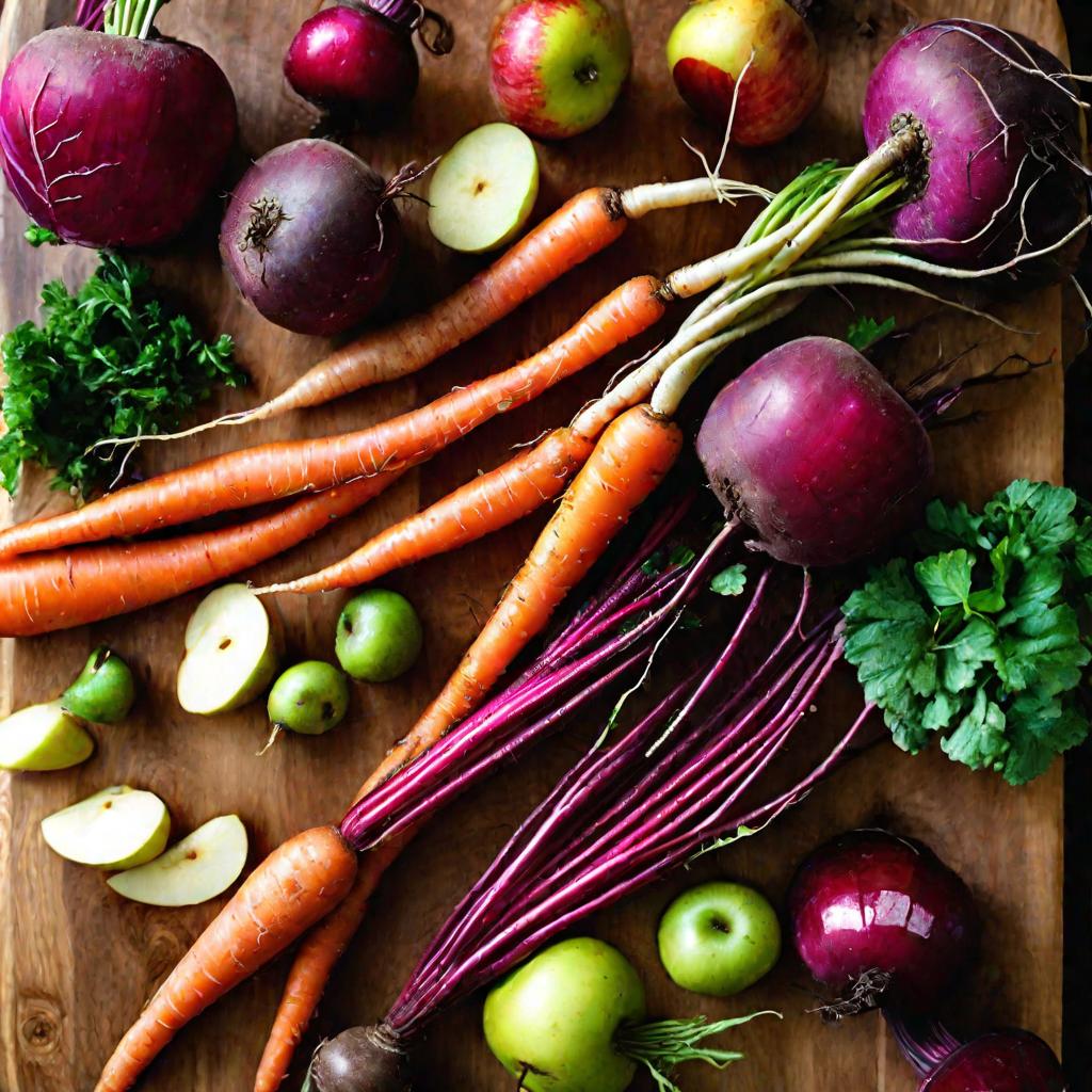 Яркие овощи и фрукты для салата на деревянной доске