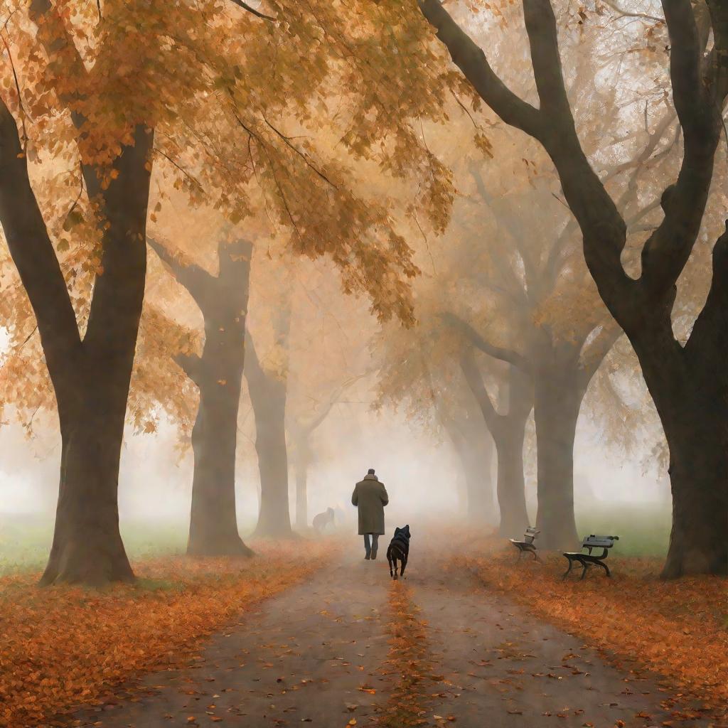 Мужчина гуляет с собакой в парке осенью