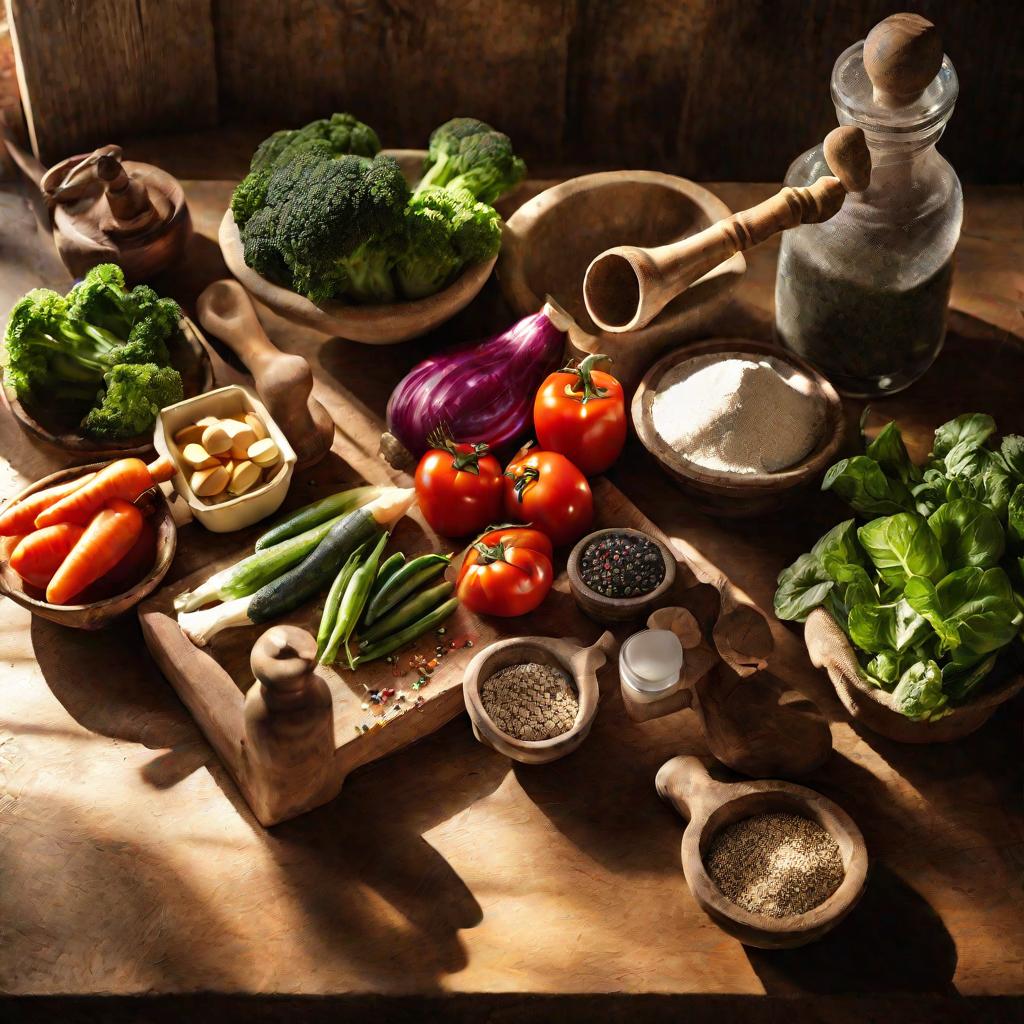 Стол с овощами и витаминами