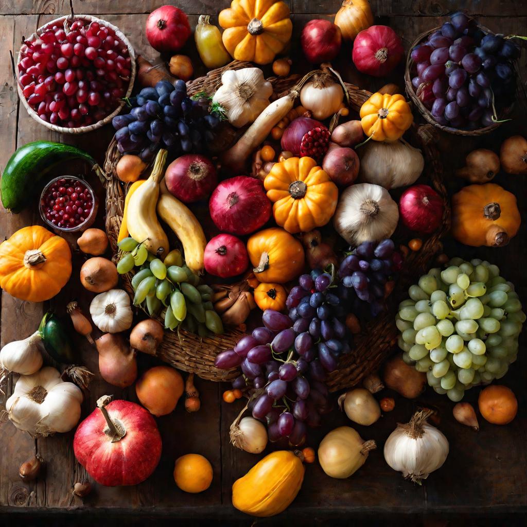 Изобилие овощей и фруктов на деревянном столе