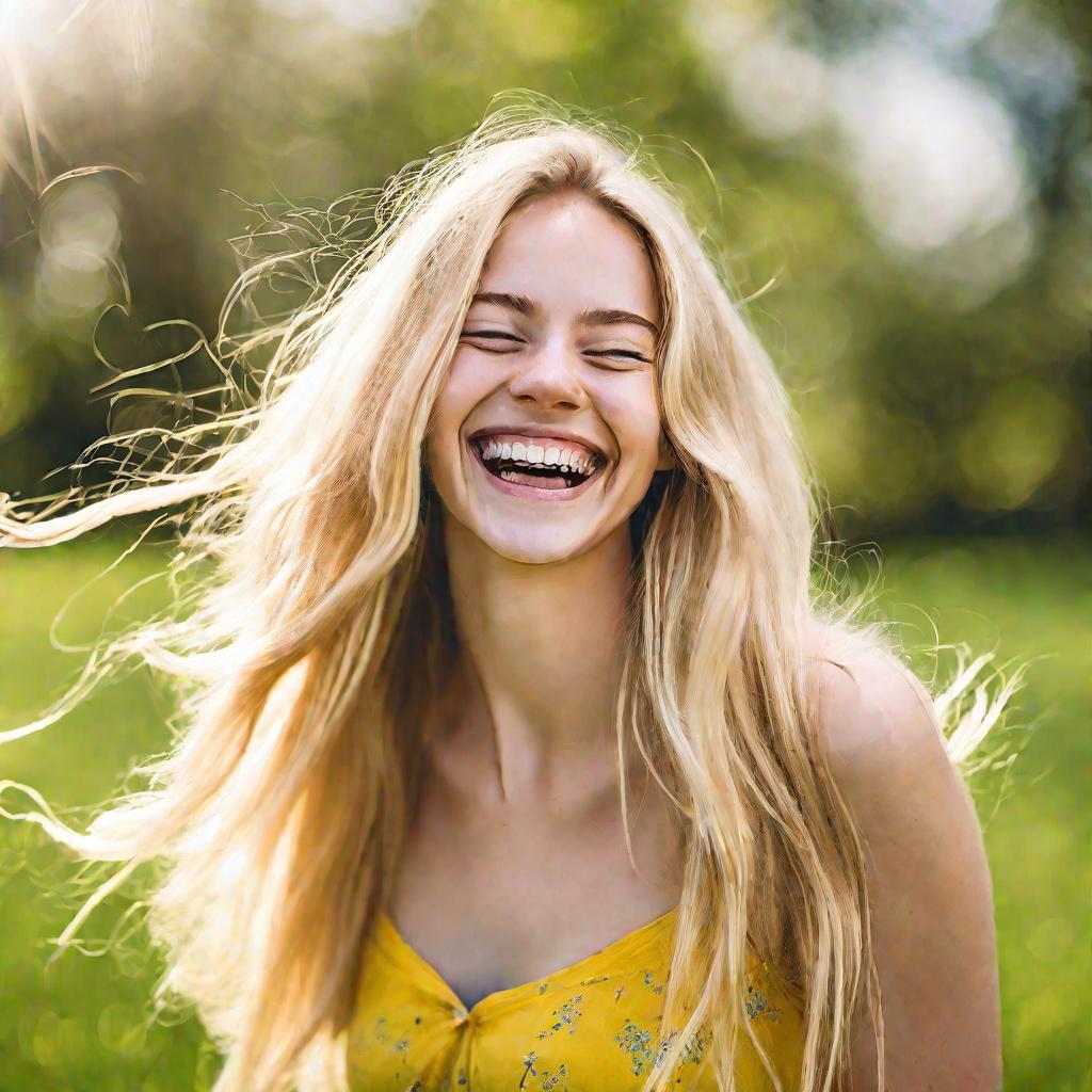 Крупный план портрета молодой женщины, радостно смеющейся на улице в солнечный весенний день. У нее длинные светлые волосы, развевающиеся на легком ветерке, на ней желтое летнее платье. Ее голубые глаза смеются, широкая искренняя улыбка обнажает белые зуб