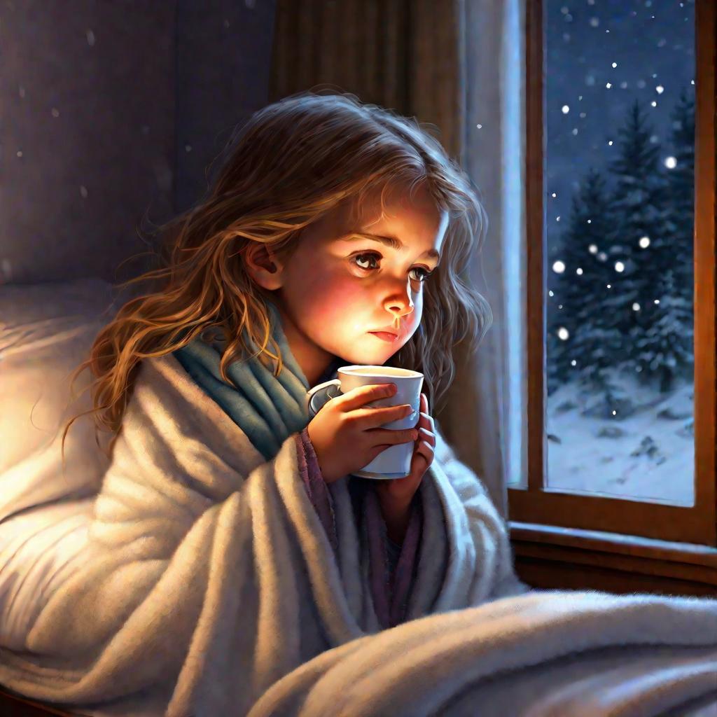 Девочка с больным горлом пьет из кружки во время зимней ночи