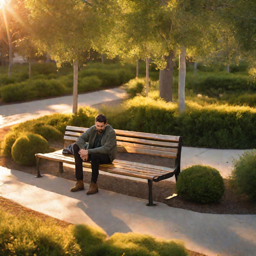 Портрет грустного мужчины на скамейке в парке в золотые часы на закате.