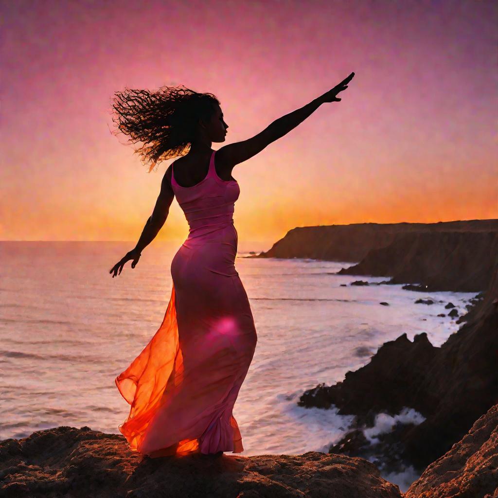 Женщина на закате держит руку на солнечном сплетении
