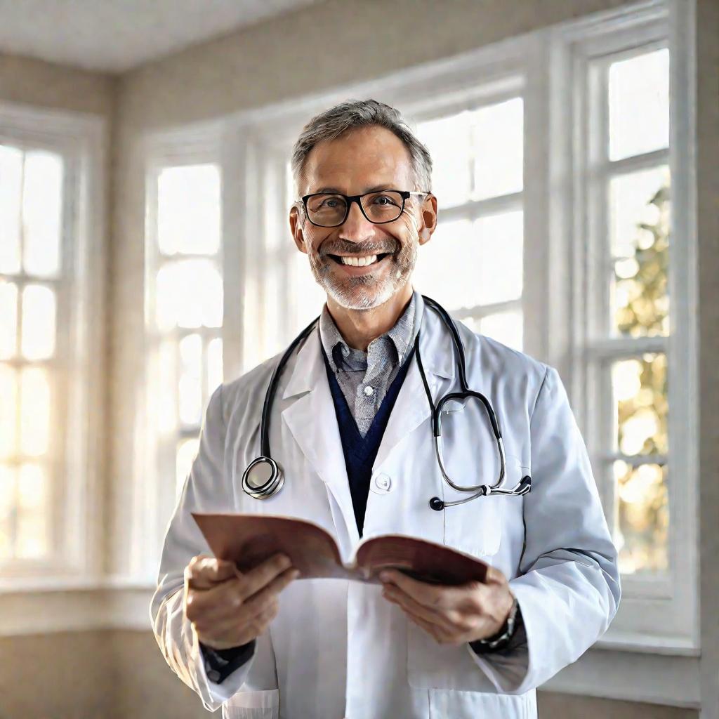 Мотивирующий доктор у окна заботливо показывает полезную информацию из книги о здоровье почек