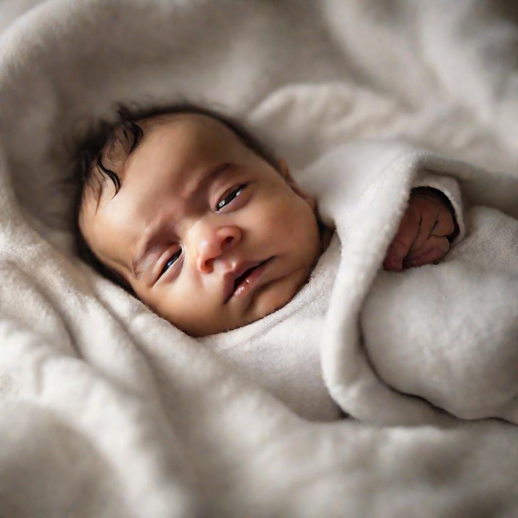 Крупный кадр младенца, сфокусированный на пульсирующем родничке на макушке головы