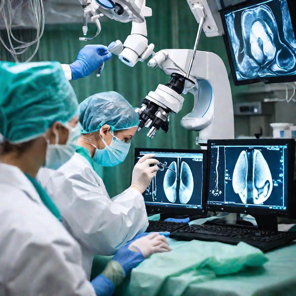 Группа врачей во время операции по удалению полипов эндометрия наблюдают за процедурой на мониторе